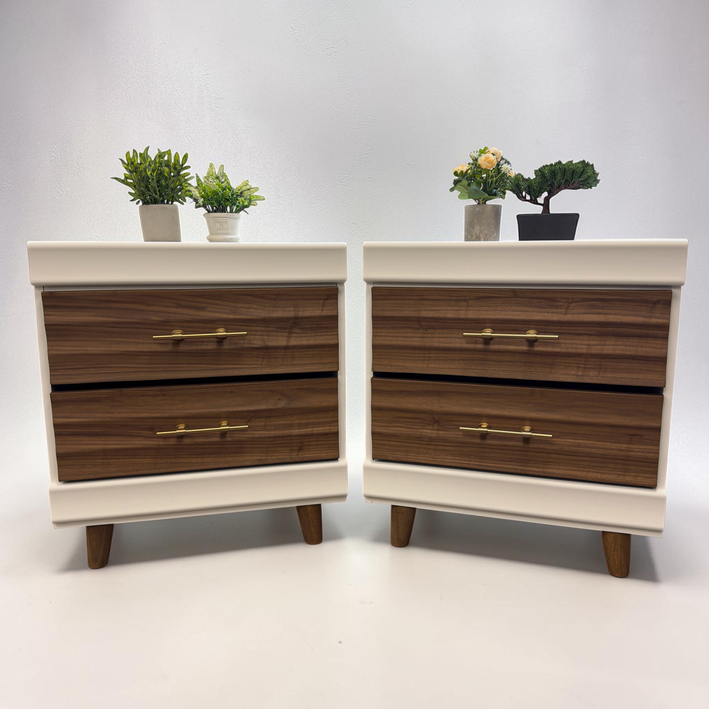 Walnut and white nightstands