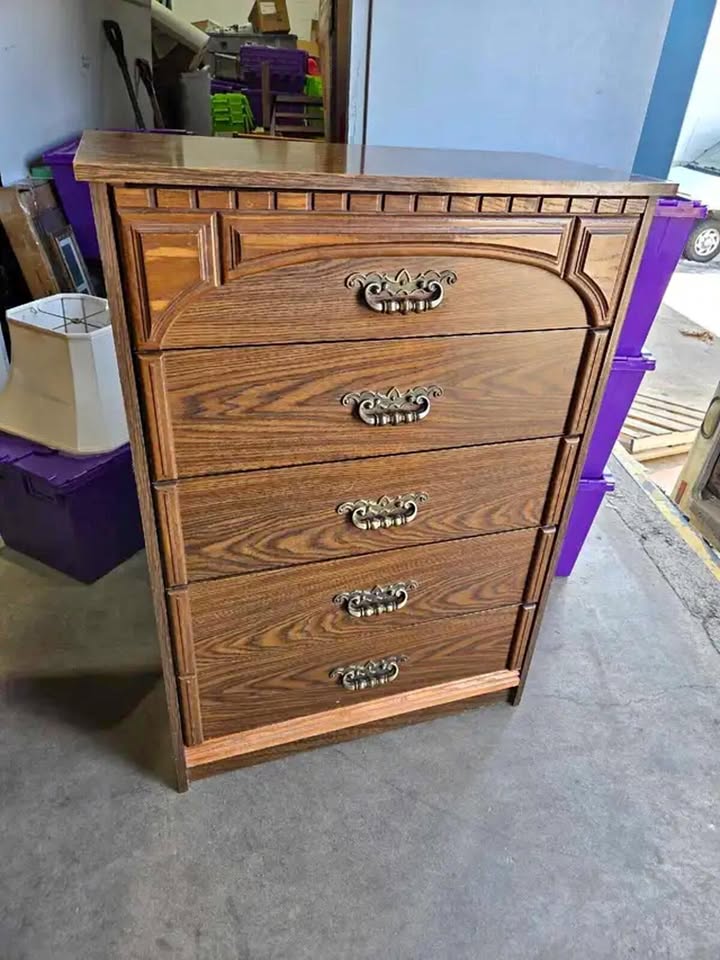Vintage wood five drawer dresser